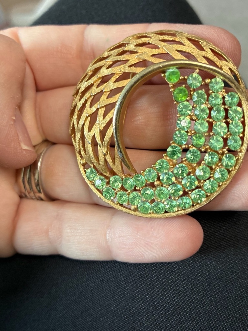 Vintage Signed JJ Gold-Tone Brooch with Green Crystal Accents